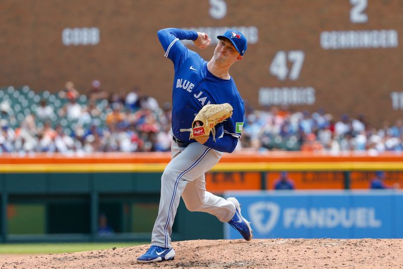 May 26, 2024; Detroit, Michigan, USA; Toronto Blue Jays pitcher Trevor Richards (33) pitches during the fourth inning  of the game against the Detroit Tigers at Comerica Park. Mandatory Credit: Brian Bradshaw Sevald-USA TODAY Sports