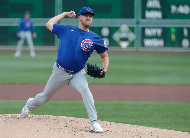 Aug 26, 2024; Pittsburgh, Pennsylvania, USA;  Chicago Cubs starting pitcher Jameson Taillon (50) delivers a pitch against the Pittsburgh Pirates during the first inning at PNC Park. Mandatory Credit: Charles LeClaire-USA TODAY Sports