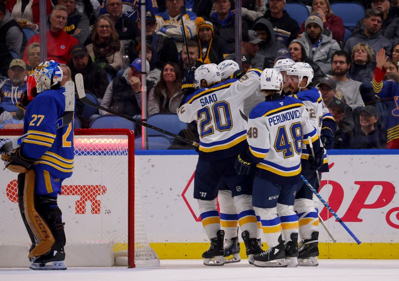 Nov 14, 2024; Buffalo, New York, USA;  St. Louis Blues left wing Brandon Saad (20) celebrates his second goal of the game with teammates during the second period against the Buffalo Sabres at KeyBank Center. Mandatory Credit: Timothy T. Ludwig-Imagn Images