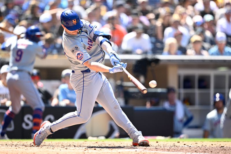 Aug 25, 2024; San Diego, California, USA; New York Mets first baseman Pete Alonso (20) hits a single against the San Diego Padres during the fifth inning at Petco Park. Mandatory Credit: Orlando Ramirez-USA TODAY Sports