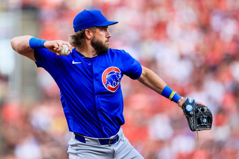 Jun 7, 2024; Cincinnati, Ohio, USA; Chicago Cubs third baseman Patrick Wisdom (16) throws to first to get Cincinnati Reds outfielder Blake Dunn (not pictured) out in the third inning at Great American Ball Park. Mandatory Credit: Katie Stratman-USA TODAY Sports