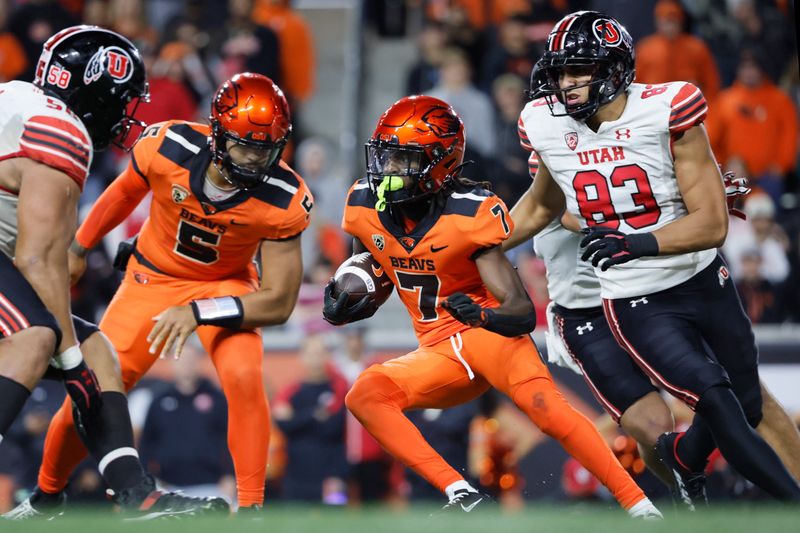 Sep 29, 2023; Corvallis, Oregon, USA; Oregon State Beavers wide receiver Silas Bolden (7) runs the ball during the second half against the Utah Utes at Reser Stadium. Mandatory Credit: Soobum Im-USA TODAY Sports