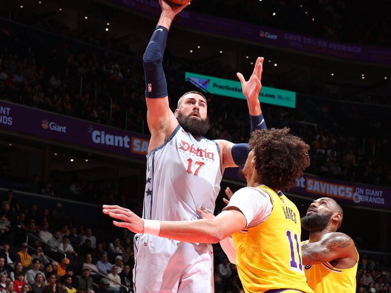 WASHINGTON, DC -? JANUARY 30:   Jonas Valanciunas #17 of the Washington Wizards drives to the basket during the game against the Los Angeles Lakers on January 30, 2025 at Capital One Arena in Washington, DC. NOTE TO USER: User expressly acknowledges and agrees that, by downloading and or using this Photograph, user is consenting to the terms and conditions of the Getty Images License Agreement. Mandatory Copyright Notice: Copyright 2025 NBAE (Photo by Stephen Gosling/NBAE via Getty Images)