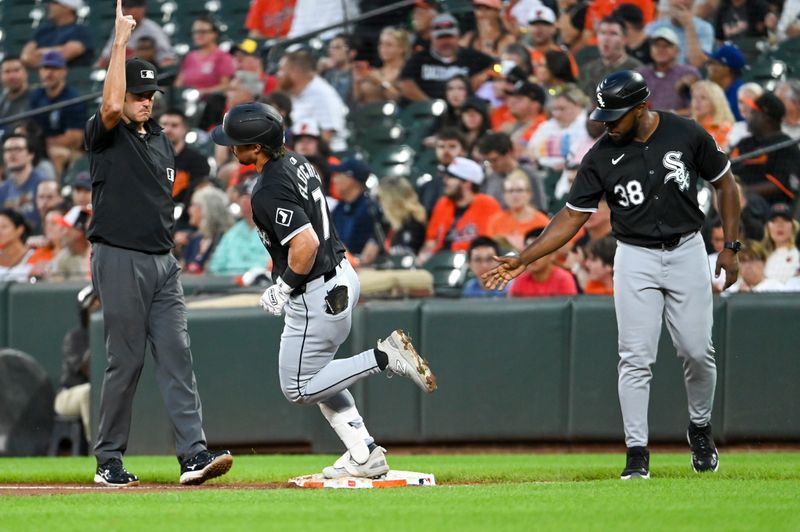 Sep 4, 2024; Baltimore, Maryland, USA;  Chicago White Sox outfielder Dominic Fletcher (7) rounds first base after hitting a two run home run against the Baltimore Orioles during the fourth inning at Oriole Park at Camden Yards. Mandatory Credit: Tommy Gilligan -Imagn Images