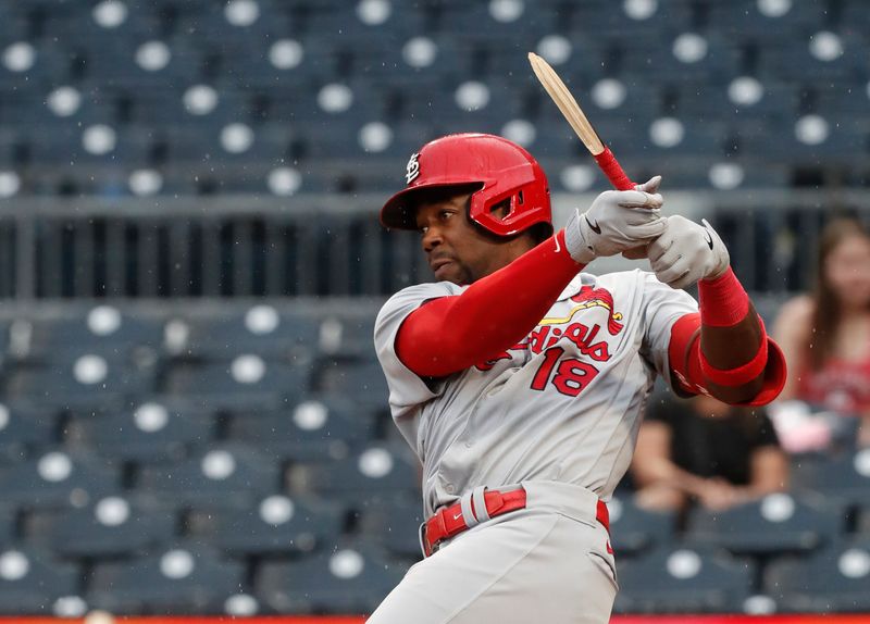 Aug 23, 2023; Pittsburgh, Pennsylvania, USA;  St. Louis Cardinals right fielder Jordan Walker (18) breaks his bat on n infield fielders choice against the Pittsburgh Pirates during the ninth inning at PNC Park. St. Louis won 6-4. Mandatory Credit: Charles LeClaire-USA TODAY Sports