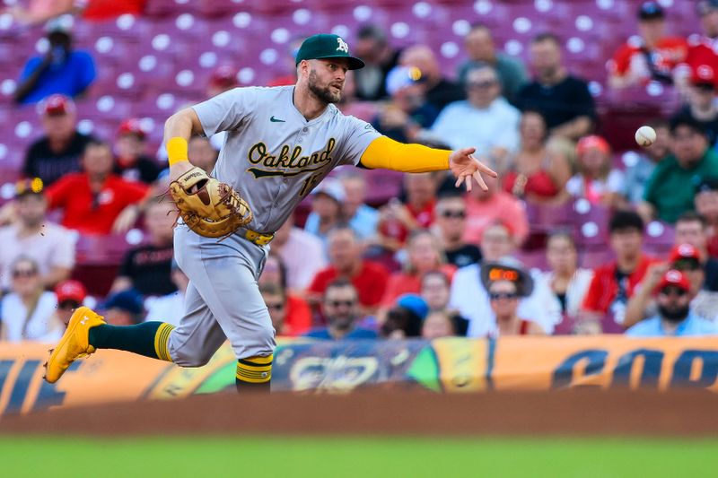 Aug 27, 2024; Cincinnati, Ohio, USA; Oakland Athletics first baseman Seth Brown (15) throws to first to get Cincinnati Reds shortstop Elly De La Cruz (not pictured) out in the first inning at Great American Ball Park. Mandatory Credit: Katie Stratman-USA TODAY Sports