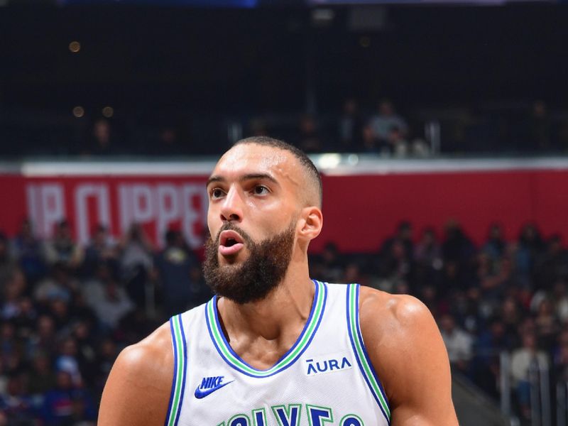 LOS ANGELES, CA - FEBRUARY 12:  Rudy Gobert #27 of the Minnesota Timberwolves shoots a free throw during the game on February 12, 2024 at Crypto.Com Arena in Los Angeles, California. NOTE TO USER: User expressly acknowledges and agrees that, by downloading and/or using this Photograph, user is consenting to the terms and conditions of the Getty Images License Agreement. Mandatory Copyright Notice: Copyright 2024 NBAE (Photo by Adam Pantozzi/NBAE via Getty Images)