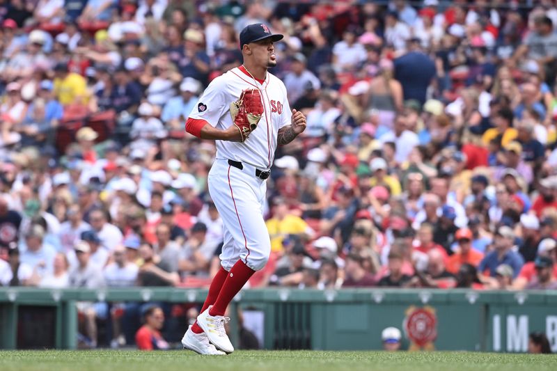 Aug 11, 2024; Boston, Massachusetts, USA; Boston Red Sox pitcher Brennan Bernardino (83) jogs out to the pitcher's mound during the third inning against the Houston Astros at Fenway Park. Mandatory Credit: Eric Canha-USA TODAY Sports