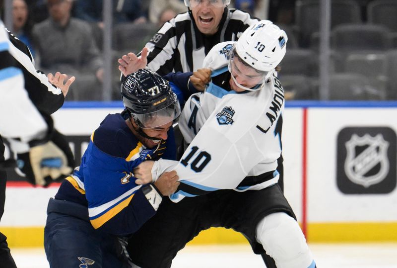 Nov 7, 2024; St. Louis, Missouri, USA; St. Louis Blues defenseman Pierre-Olivier Joseph (77) fights Utah Hockey Club defenseman Maveric Lamoureux (10) during the second period at Enterprise Center. Mandatory Credit: Jeff Le-Imagn Images