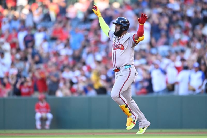 Aug 17, 2024; Anaheim, California, USA; Atlanta Braves designated hitter Marcell Ozuna (20) reacts after hitting a 3 run home run against the Los Angeles Angels during the first inning at Angel Stadium. Mandatory Credit: Jonathan Hui-USA TODAY Sports