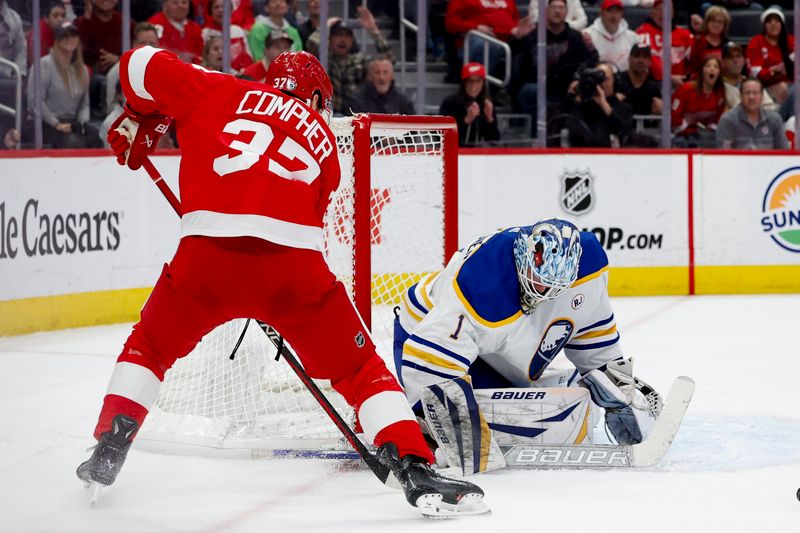 Mar 16, 2024; Detroit, Michigan, USA;  Buffalo Sabres goaltender Ukko-Pekka Luukkonen (1) makes a save on Detroit Red Wings left wing J.T. Compher (37) in the second period at Little Caesars Arena. Mandatory Credit: Rick Osentoski-USA TODAY Sports