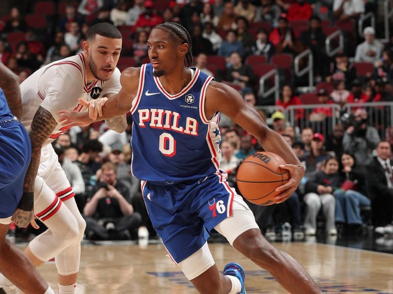 CHICAGO, IL - DECEMBER 8: Tyrese Maxey #0 of the Philadelphia 76ers dribbles the ball during the game against the Chicago Bulls on December 8, 2024 at United Center in Chicago, Illinois. NOTE TO USER: User expressly acknowledges and agrees that, by downloading and or using this photograph, User is consenting to the terms and conditions of the Getty Images License Agreement. Mandatory Copyright Notice: Copyright 2024 NBAE (Photo by Gary Dineen/NBAE via Getty Images)