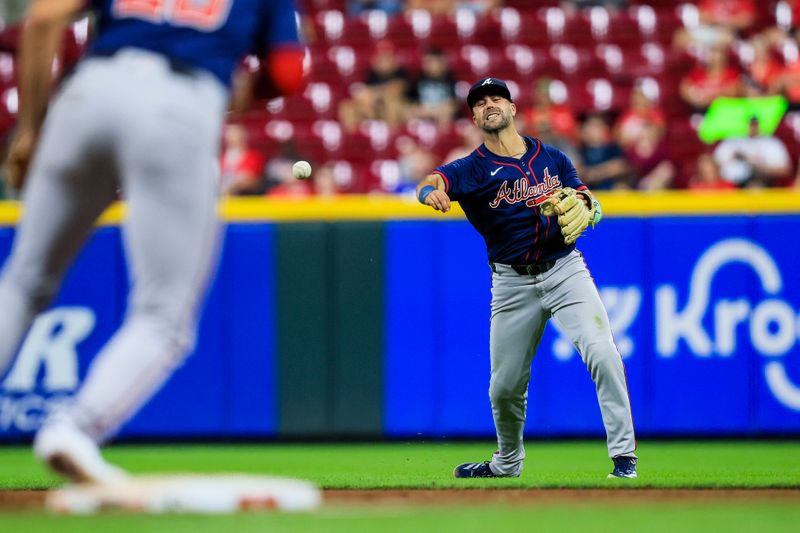 Sep 18, 2024; Cincinnati, Ohio, USA; Atlanta Braves second baseman Whit Merrifield (15) throws to first to get Cincinnati Reds outfielder TJ Friedl (not pictured) out in the ninth inning at Great American Ball Park. Mandatory Credit: Katie Stratman-Imagn Images