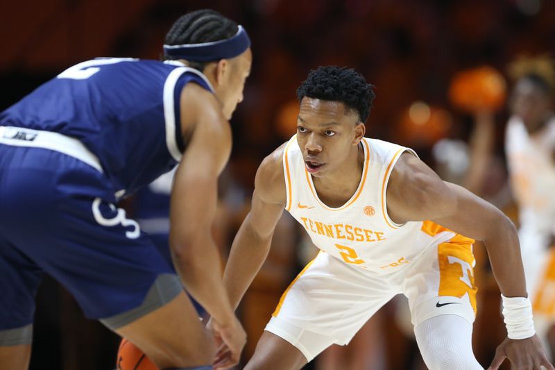 Dec 12, 2023; Knoxville, Tennessee, USA; Tennessee Volunteers guard Jordan Gainey (2) defends Georgia Southern Eagles guard Deuce Dean (2) during the first half at Food City Center at Thompson-Boling Arena. Mandatory Credit: Randy Sartin-USA TODAY Sports