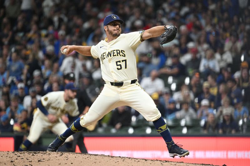 May 10, 2024; Milwaukee, Wisconsin, USA; Milwaukee Brewers pitcher Kevin Herget (57) delivers a pitch against the St. Louis Cardinals int he seventh inning at American Family Field. Mandatory Credit: Michael McLoone-USA TODAY Sports