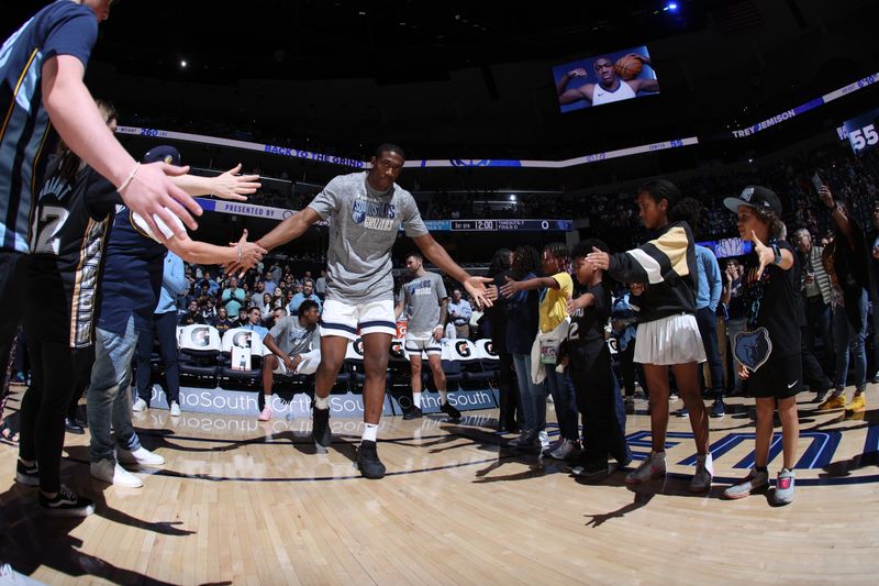 MEMPHIS, TN - MARCH 13: Trey Jemison #55 of the Memphis Grizzlies is introduced before the game against the Charlotte Hornets on March 13, 2024 at FedExForum in Memphis, Tennessee. NOTE TO USER: User expressly acknowledges and agrees that, by downloading and or using this photograph, User is consenting to the terms and conditions of the Getty Images License Agreement. Mandatory Copyright Notice: Copyright 2024 NBAE (Photo by Joe Murphy/NBAE via Getty Images)