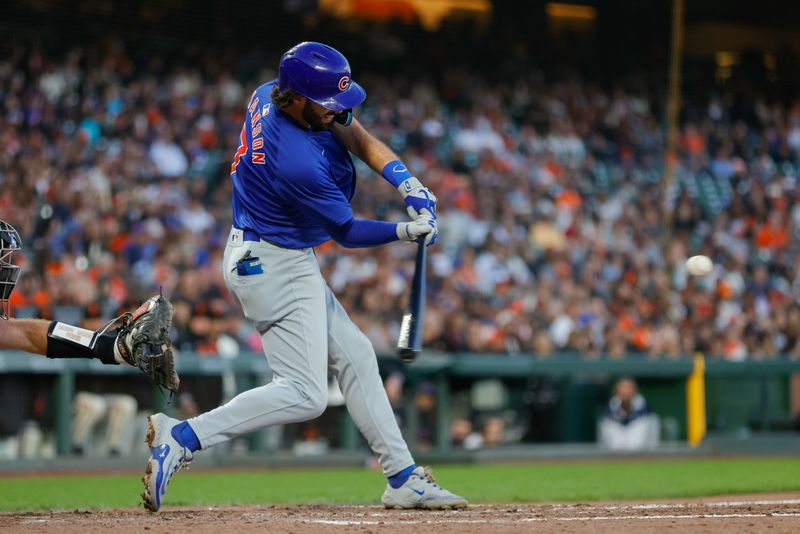 Jun 24, 2024; San Francisco, California, USA; Chicago Cubs shortstop Dansby Swanson (7) hits an RBI double during the fifth inning against the San Francisco Giants at Oracle Park. All Giants players wore the number 24 in honor of Giants former player Willie Mays. Mandatory Credit: Sergio Estrada-USA TODAY Sports