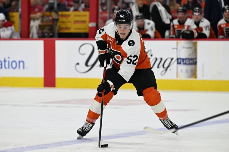 Apr 14, 2026; Philadelphia, Pennsylvania, USA; Philadelphia Flyers center Denver Barkey (52) against the Montréal Canadiens during the second period at Xfinity Mobile Arena. Mandatory Credit: Eric Hartline-Imagn Images Apr 14, 2026; Philadelphia, Pennsylvania, USA; Philadelphia Flyers center Denver Barkey (52) against the Montréal Canadiens during the second period at Xfinity Mobile Arena. Mandatory Credit: Eric Hartline-Imagn Images