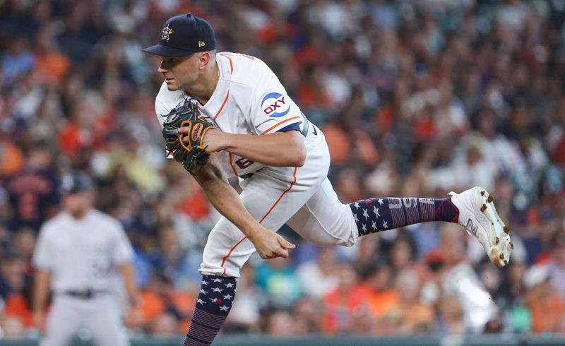 Jul 4, 2023; Houston, Texas, USA; Houston Astros starting pitcher Brandon Bielak (64) delivers a pitch during the first inning against the Colorado Rockies at Minute Maid Park. Mandatory Credit: Troy Taormina-USA TODAY Sports