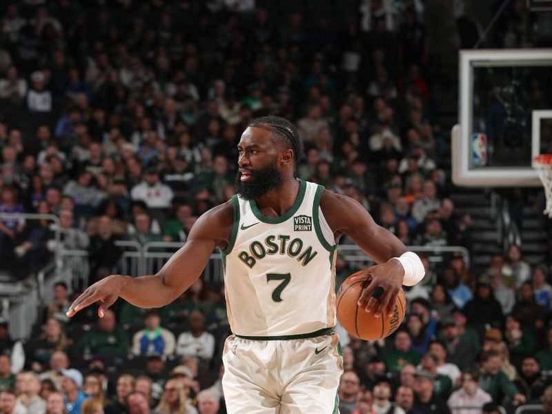 MILWAUKEE, WI - JANUARY 11: Jaylen Brown #7 of the Boston Celtics handles the ball during the game  on January 11, 2024 at the Fiserv Forum Center in Milwaukee, Wisconsin. NOTE TO USER: User expressly acknowledges and agrees that, by downloading and or using this Photograph, user is consenting to the terms and conditions of the Getty Images License Agreement. Mandatory Copyright Notice: Copyright 2024 NBAE (Photo by Gary Dineen/NBAE via Getty Images).