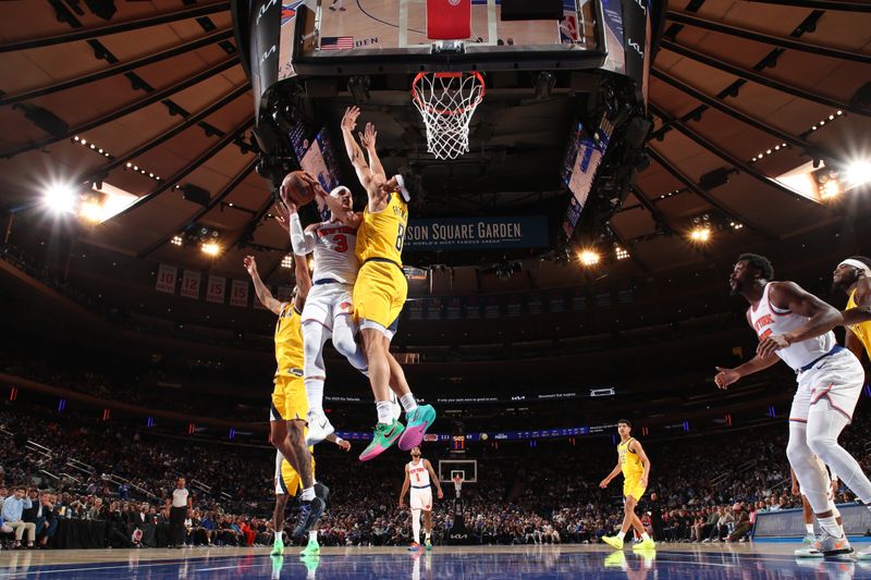 NEW YORK, NY - OCTOBER 25: Josh Hart #3 of the New York Knicks drives to the basket during the game against the Indiana Pacers on October 25, 2024 at Madison Square Garden in New York City, New York.  NOTE TO USER: User expressly acknowledges and agrees that, by downloading and or using this photograph, User is consenting to the terms and conditions of the Getty Images License Agreement. Mandatory Copyright Notice: Copyright 2024 NBAE  (Photo by David L. Nemec/NBAE via Getty Images)