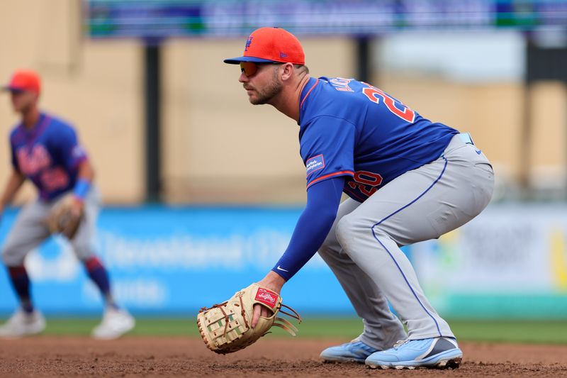 Mar 1, 2024; Jupiter, Florida, USA; New York Mets first baseman Pete Alonso (20) play this position against the St. Louis Cardinals at Roger Dean Chevrolet Stadium. Mandatory Credit: Sam Navarro-USA TODAY Sports