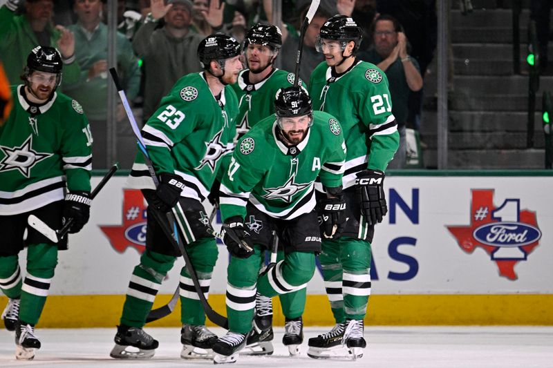 May 21, 2025; Dallas, Texas, USA; Dallas Stars center Tyler Seguin (91) reacts after scoring a goal against the Edmonton Oilers in the third period during game one of the Western Conference Final of the 2025 Stanley Cup Playoffs at American Airlines Center. Mandatory Credit: Jerome Miron-Imagn Images