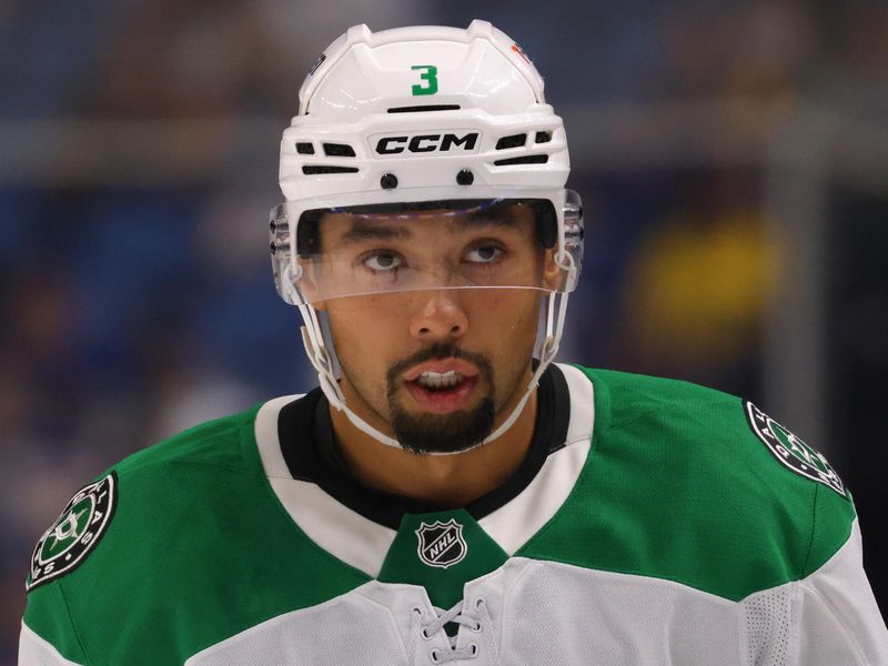 Oct 22, 2024; Buffalo, New York, USA;  Dallas Stars defenseman Mathew Dumba (3) during a stoppage in play against the Buffalo Sabres during the third period at KeyBank Center. Mandatory Credit: Timothy T. Ludwig-Imagn Images