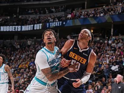 DENVER, CO - JANUARY 1: P.J. Washington #25 of the Charlotte Hornets boxes out during the game against the Denver Nuggets on January 1, 2024 at the Ball Arena in Denver, Colorado. NOTE TO USER: User expressly acknowledges and agrees that, by downloading and/or using this Photograph, user is consenting to the terms and conditions of the Getty Images License Agreement. Mandatory Copyright Notice: Copyright 2024 NBAE (Photo by Bart Young/NBAE via Getty Images)