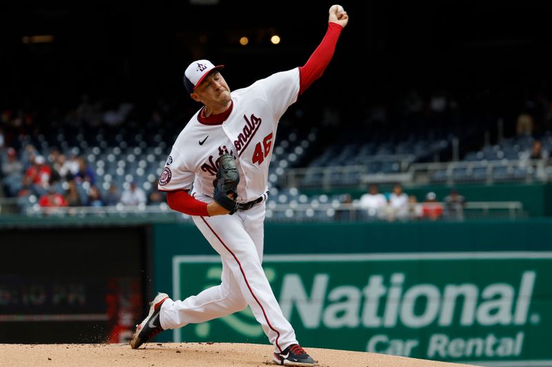 May 4, 2023; Washington, District of Columbia, USA; Washington Nationals starting pitcher Patrick Corbin (46) pitches against the Chicago Cubs during the first inning at Nationals Park. Mandatory Credit: Geoff Burke-USA TODAY Sports