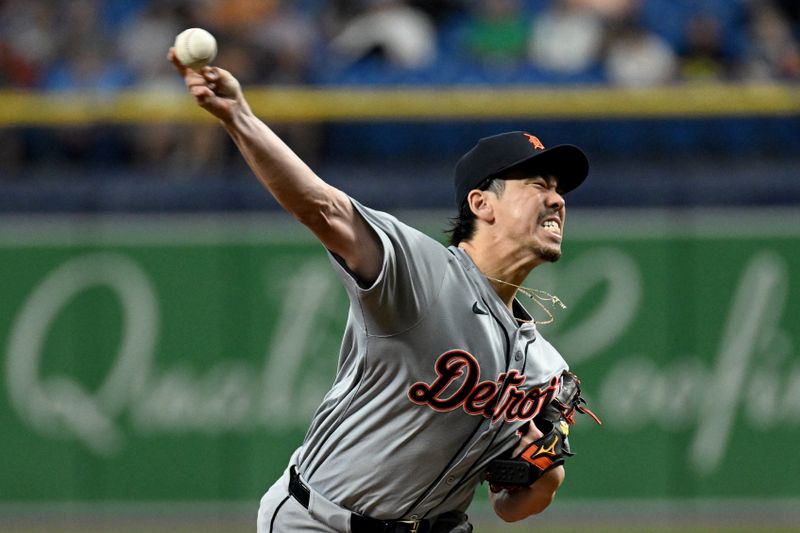 Apr 23, 2024; St. Petersburg, Florida, USA; Detroit Tigers starting pitcher Kenta Maeda (18) throws a pitch in the first inning against the Tampa Bay Rays  at Tropicana Field. Mandatory Credit: Jonathan Dyer-USA TODAY Sports