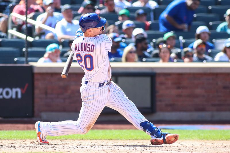 Sep 3, 2023; New York City, New York, USA;  New York Mets first baseman Pete Alonso (20) hits a two run home run in the third inning against the Seattle Mariners at Citi Field. Mandatory Credit: Wendell Cruz-USA TODAY Sports