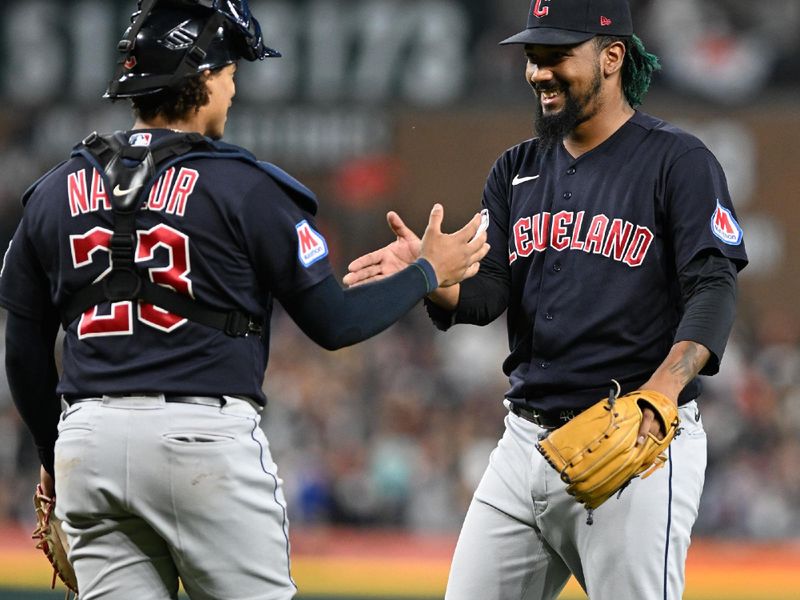 Sep 29, 2023; Detroit, Michigan, USA; Cleveland Guardians relief pitcher Emmanuel Clase (48) celebrates with catcher Bo Naylor (23) after beating the Detroit Tigers at Comerica Park. Mandatory Credit: Lon Horwedel-USA TODAY Sports