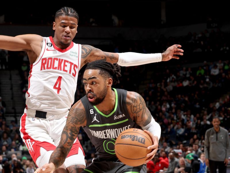 MINNEAPOLIS, MN -  JANUARY 21: D'Angelo Russell #0 of the Minnesota Timberwolves dribbles the ball against the Houston Rockets on January 21, 2023 at Target Center in Minneapolis, Minnesota. NOTE TO USER: User expressly acknowledges and agrees that, by downloading and or using this Photograph, user is consenting to the terms and conditions of the Getty Images License Agreement. Mandatory Copyright Notice: Copyright 2023 NBAE (Photo by David Sherman/NBAE via Getty Images)
