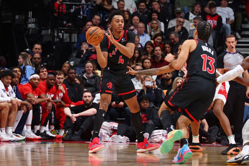 TORONTO, CANADA - FEBRUARY 9: Scottie Barnes #4 of the Toronto Raptors looks to pass the ball during the game against the Houston Rockets on February 9, 2024 at the Scotiabank Arena in Toronto, Ontario, Canada.  NOTE TO USER: User expressly acknowledges and agrees that, by downloading and or using this Photograph, user is consenting to the terms and conditions of the Getty Images License Agreement.  Mandatory Copyright Notice: Copyright 2024 NBAE (Photo by Vaughn Ridley/NBAE via Getty Images)