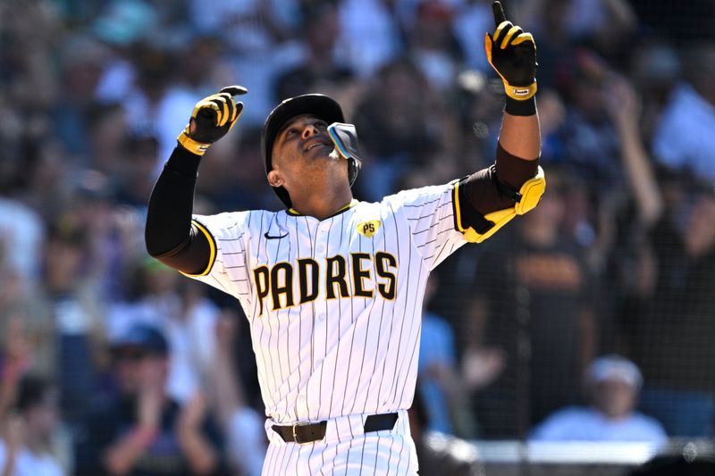 Jun 12, 2024; San Diego, California, USA; San Diego Padres third baseman Donovan Solano (39) celebrates after hitting a two-run home run against the Oakland Athletics during the eighth inning at Petco Park. Mandatory Credit: Orlando Ramirez-USA TODAY Sports