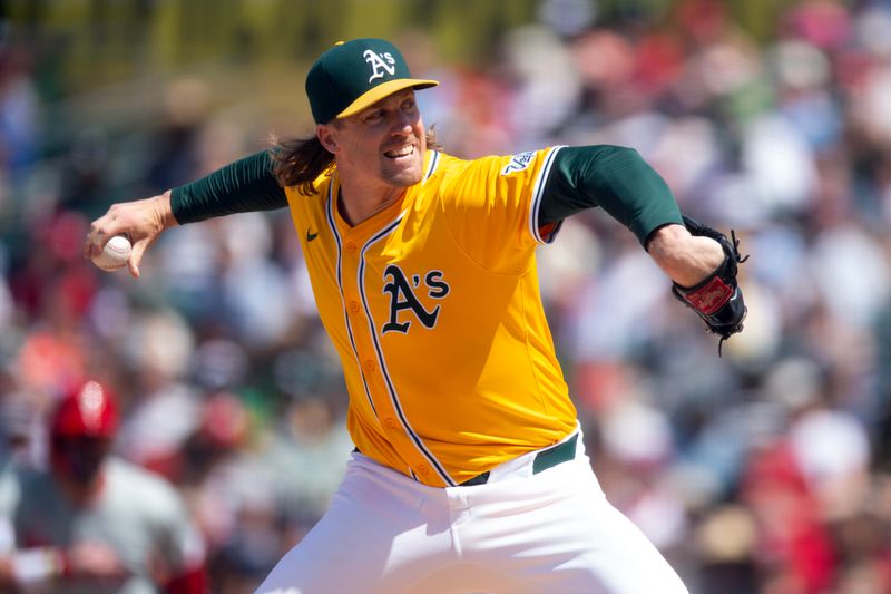 May 25, 2025; West Sacramento, California, USA; Athletics pitcher Tyler Ferguson (44) delivers a pitch against the Philadelphia Phillies during the eighth inning at Sutter Health Park. Mandatory Credit: D. Ross Cameron-Imagn Images