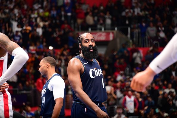 LOS ANGELES, CA - NOVEMBER 17: James Harden #1 of the LA Clippers looks on during the game against the Houston Rockets during the In-Season Tournament on November 17, 2023 at Crypto.Com Arena in Los Angeles, California. NOTE TO USER: User expressly acknowledges and agrees that, by downloading and/or using this Photograph, user is consenting to the terms and conditions of the Getty Images License Agreement. Mandatory Copyright Notice: Copyright 2023 NBAE (Photo by Adam Pantozzi/NBAE via Getty Images)