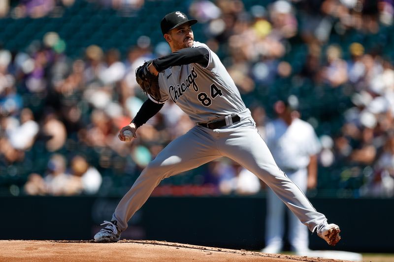 Aug 20, 2023; Denver, Colorado, USA; Chicago White Sox starting pitcher Dylan Cease (84) pitches in the first inning against the Colorado Rockies at Coors Field. Mandatory Credit: Isaiah J. Downing-USA TODAY Sports