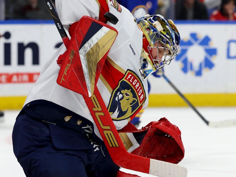 Feb 15, 2024; Buffalo, New York, USA;  Florida Panthers goaltender Anthony Stolarz (41) makes a blocker save during the second period against the Buffalo Sabres at KeyBank Center. Mandatory Credit: Timothy T. Ludwig-USA TODAY Sports