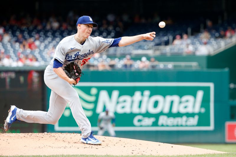 Sep 10, 2023; Washington, District of Columbia, USA; Los Angeles Dodgers starting pitcher Ryan Yarbrough (56) throws the ball in the first inning against the Washington Nationals at Nationals Park. Mandatory Credit: Amber Searls-USA TODAY Sports