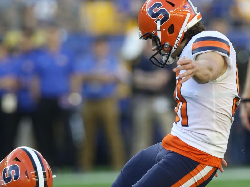 Nov 5, 2022; Pittsburgh, Pennsylvania, USA;  Syracuse Orange place kicker Andre Szmyt (91) kicks a field goal against the Pittsburgh Panthers during the second quarter at Acrisure Stadium. Mandatory Credit: Charles LeClaire-USA TODAY Sports