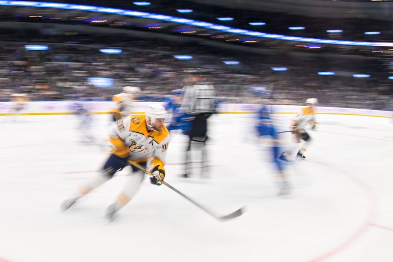 Dec 15, 2025; St. Louis, Missouri, USA; Nashville Predators center Ryan O'Reilly (90) skates against the St. Louis Blues during the second period at Enterprise Center. Mandatory Credit: Jeff Curry-Imagn Images