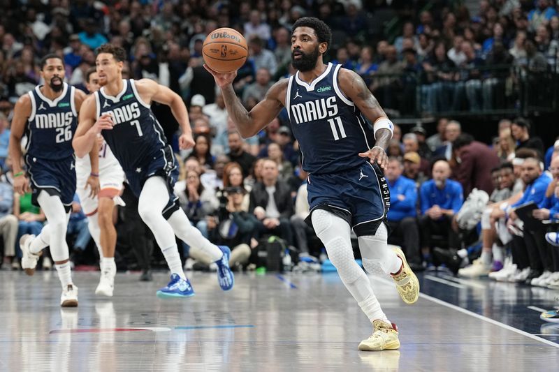 DALLAS, TX - NOVEMBER 8: Kyrie Irving #11 of the Dallas Mavericks looks to pass the ball during the game against the Phoenix Suns on November 6, 2024 at the American Airlines Center in Dallas, Texas. NOTE TO USER: User expressly acknowledges and agrees that, by downloading and or using this photograph, User is consenting to the terms and conditions of the Getty Images License Agreement. Mandatory Copyright Notice: Copyright 2024 NBAE (Photo by Glenn James/NBAE via Getty Images)