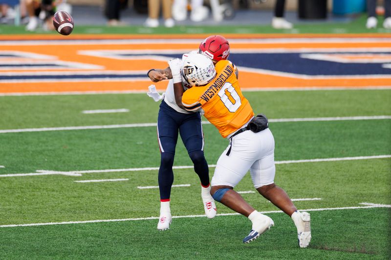 Nov 25, 2023; El Paso, Texas, USA; No. 22 Liberty Flames quarterback Kaidon Salter (7) tries to throw the ball as he is pressured by UTEP Miners defensive end Maurice Westmoreland (0) during the first half at Sun Bowl Stadium. Salter was called for intentional grounding. Mandatory Credit: Ivan Pierre Aguirre-USA TODAY Sports