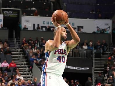 CHARLOTTE, NC - DECEMBER 16: Nicolas Batum #40 of the Philadelphia 76ers passes the ball during the game against the Charlotte Hornets on December 16, 2023 at Spectrum Center in Charlotte, North Carolina. NOTE TO USER: User expressly acknowledges and agrees that, by downloading and or using this photograph, User is consenting to the terms and conditions of the Getty Images License Agreement. Mandatory Copyright Notice: Copyright 2023 NBAE (Photo by Kent Smith/NBAE via Getty Images)