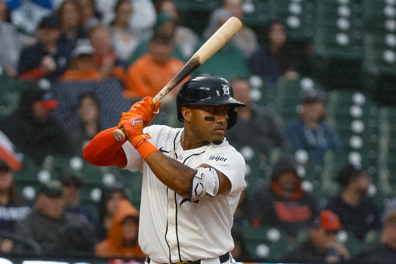 Sep 28, 2024; Detroit, Michigan, USA; Detroit Tigers second baseman Andy Ibanez (77) bats against the Chicago White Sox during the ninth inning at Comerica Park. Mandatory Credit: Brian Bradshaw Sevald-Imagn Images