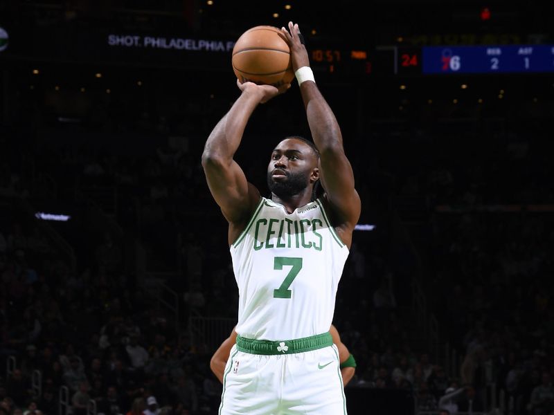 BOSTON, MA - OCTOBER 12: Jaylen Brown #7 of the Boston Celtics shoots a free throw during the gameagainst the Philadelphia 76ers during a NBA Preseason game on October 12, 2024 at TD Garden in Boston, Massachusetts. NOTE TO USER: User expressly acknowledges and agrees that, by downloading and/or using this Photograph, user is consenting to the terms and conditions of the Getty Images License Agreement. Mandatory Copyright Notice: Copyright 2024 NBAE (Photo by Brian Babineau/NBAE via Getty Images)