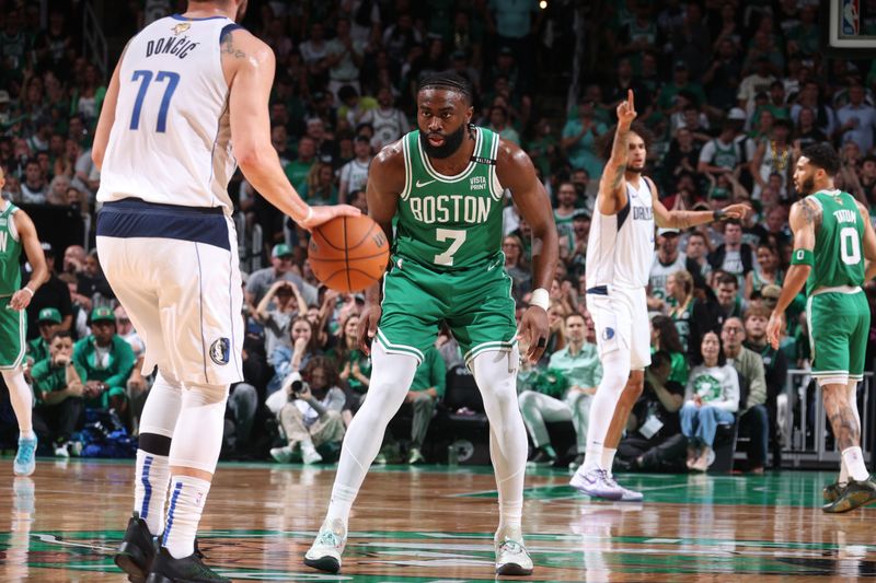 BOSTON, MA - JUNE 17: Jaylen Brown #7 of the Boston Celtics plays defense during the game against the Dallas Mavericks during Game 5 of the 2024 NBA Finals on June 17, 2024 at the TD Garden in Boston, Massachusetts. NOTE TO USER: User expressly acknowledges and agrees that, by downloading and or using this photograph, User is consenting to the terms and conditions of the Getty Images License Agreement. Mandatory Copyright Notice: Copyright 2024 NBAE  (Photo by Nathaniel S. Butler/NBAE via Getty Images)