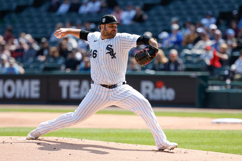 May 24, 2025; Chicago, Illinois, USA; Chicago White Sox starting pitcher Bryse Wilson (46) delivers a pitch against the Texas Rangers during the first inning at Rate Field. Mandatory Credit: Kamil Krzaczynski-Imagn Images